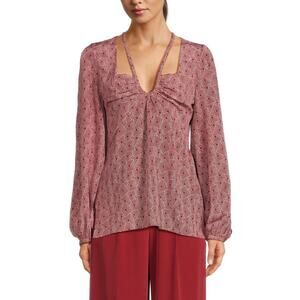 NWT Equipment Arden Puff Sleeve Top Sz 2 Red Geometric Print 100% Silk Blouse